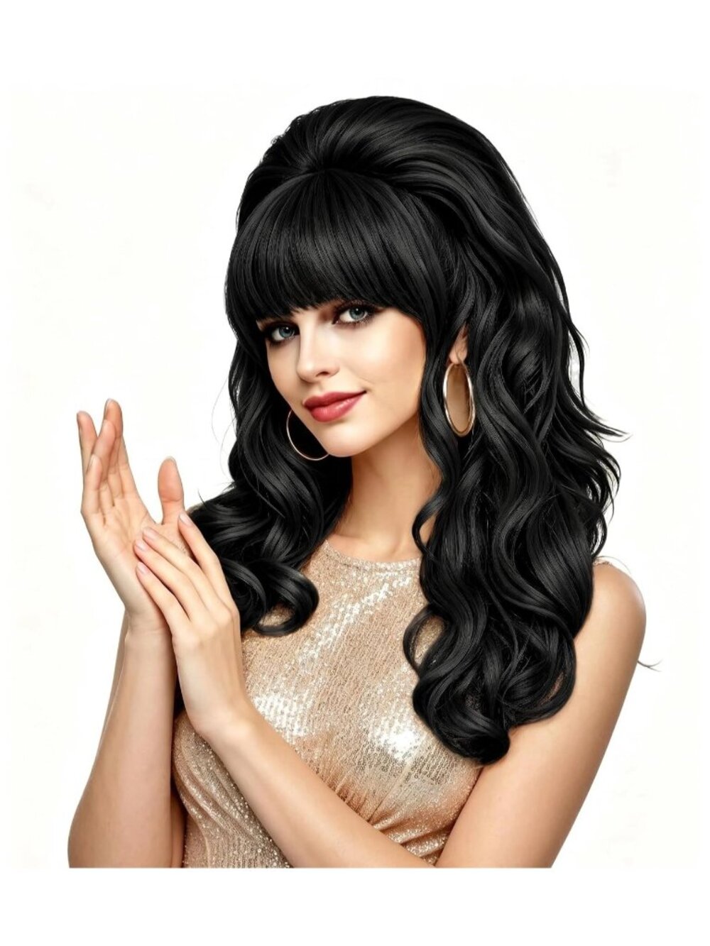 Women's Black Heat Resistant Synthetic Fiber Retro Long Wavy Wigs Bangs